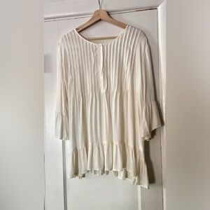 Boho Chic Pleated Button blouse / tunic / mini-dress ruffled hem in Ivory